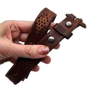 Vintage Mens Sz 36 Brown Suede Leather Belt Tooled Basketweave Print